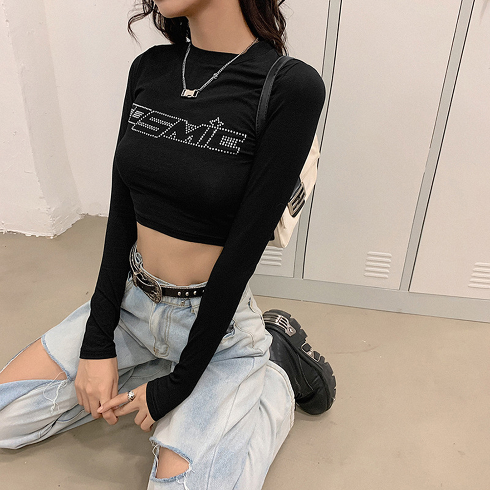 E-girl Rhinestone Letter Printed Tshirt Woman Street Bodycon Slim Y2k Crop Tops Female Soft Long Sleeve Basic 90s Aesthetic Tees 201028