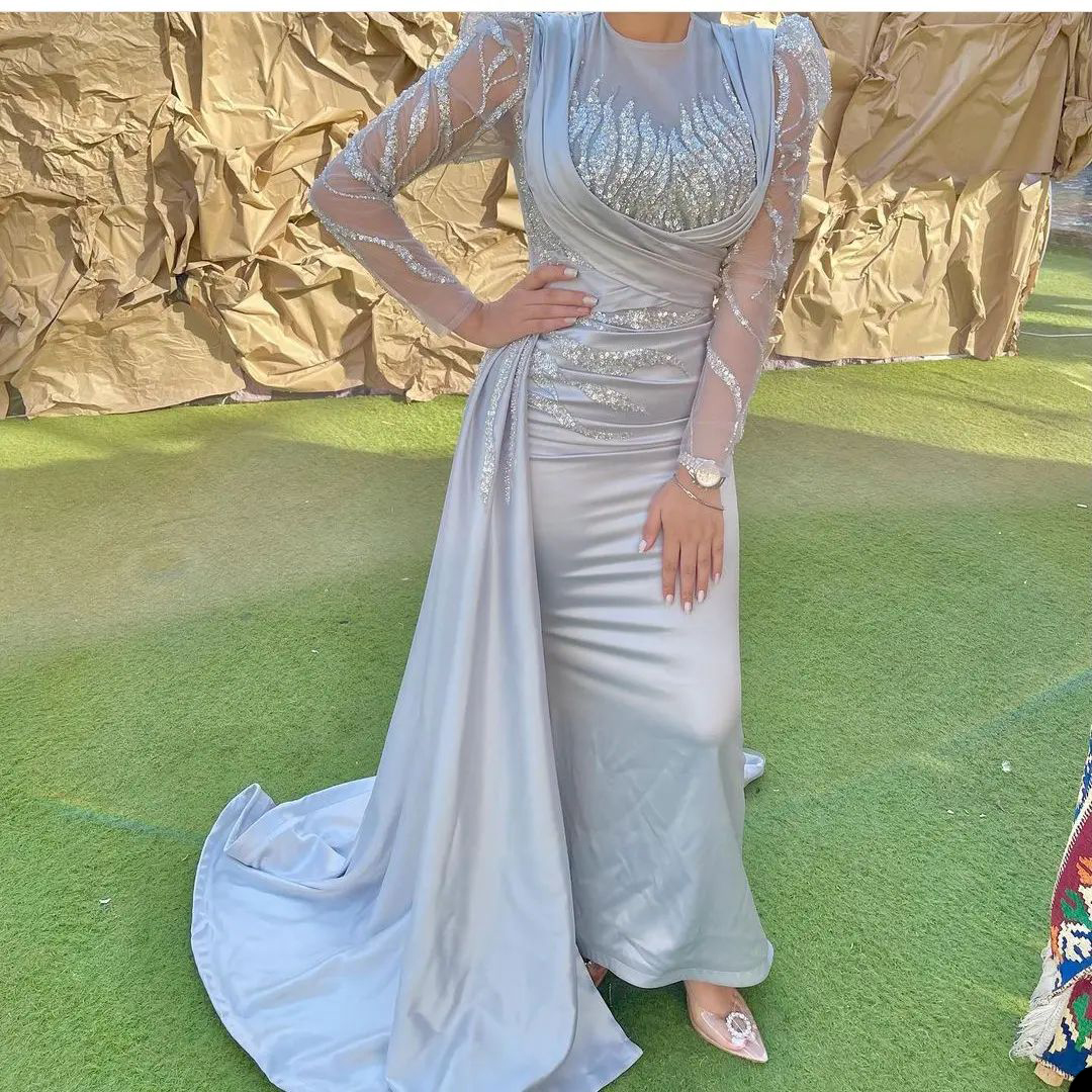 Sexy African Lace Mermaid Prom Dresses For Black Women Jewel Neck Long Sleeve Illusion Sequins Evening Party Gown Robe De Soiree