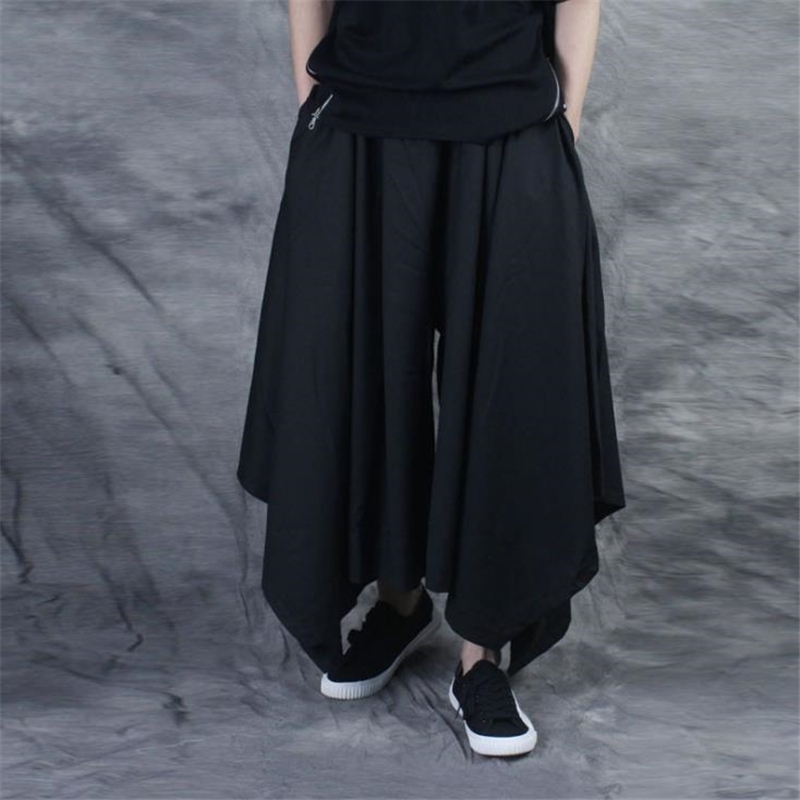 Vintage Men Pants Elastic Casual Baggy Hakama Pants Hip-hop Men Gypsy Cotton Linen Wide-legged Loose Pants Drawstring Hiphop 201116