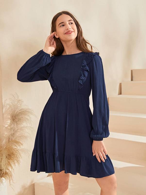 Teen Girls Ruffle Trim Smock Dress SHE