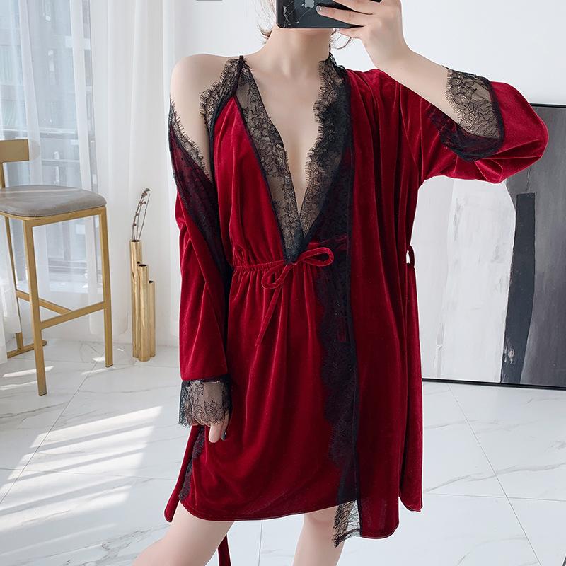 New Women Velvet 2 Pieces Pajamas Sets Sling Nightdress Sexy Lace Sleepwear Winter Autumn Pyjama With Chest Pad Wine Red Robe, Black
New Women Velvet 2 Pieces Pajamas Sets Sling Nightdress Sexy Lace Sleepwear Winter Autumn Pyjama With Chest Pad Wine Red Robe, Black