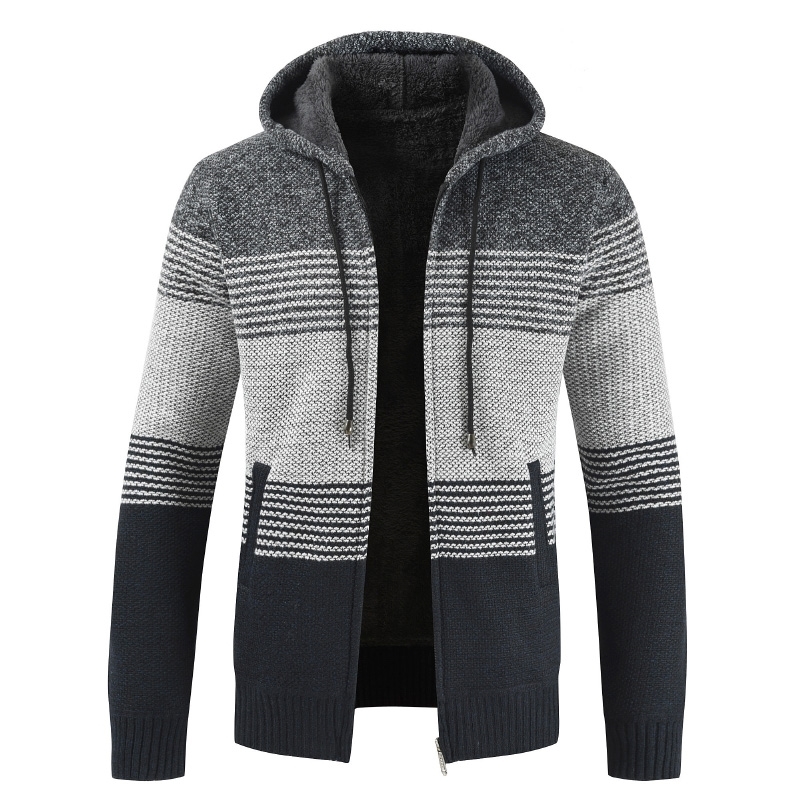 Winter Sweater Coat Men Thick Warm Hooded Cardigan Jumpers Men Striped Wool Liner Zipper Fleece Coats Men 201028