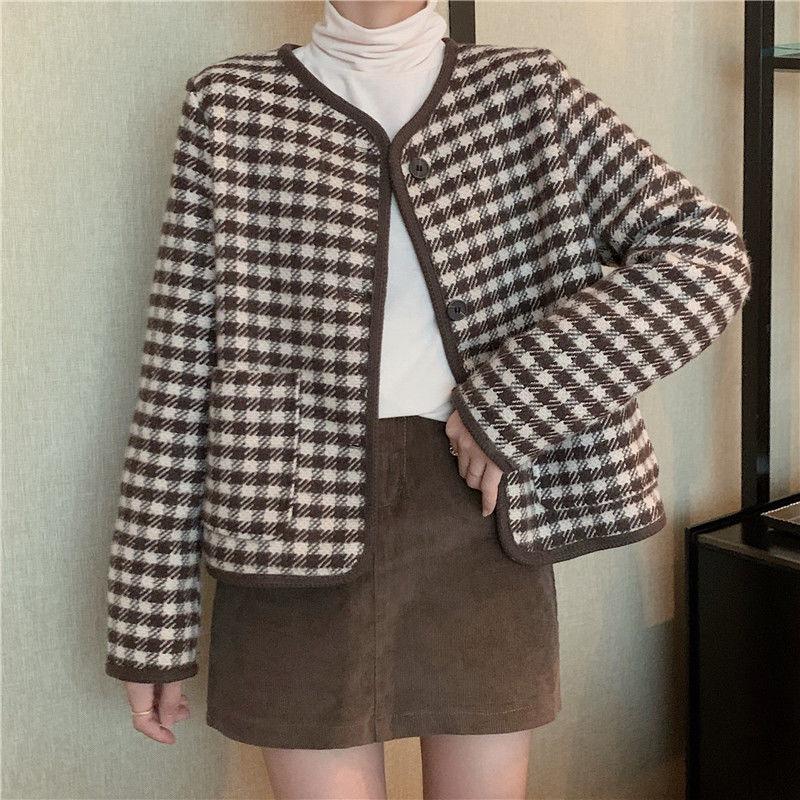 Spring Korean Plaid Woolen Jacket Women Autumn Fashion Chic Long Sleeve Short Outerwear Elegant Vintage O-Neck Houndstooth Coats, Black
Spring Korean Plaid Woolen Jacket Women Autumn Fashion Chic Long Sleeve Short Outerwear Elegant Vintage O-Neck Houndstooth Coats, Black