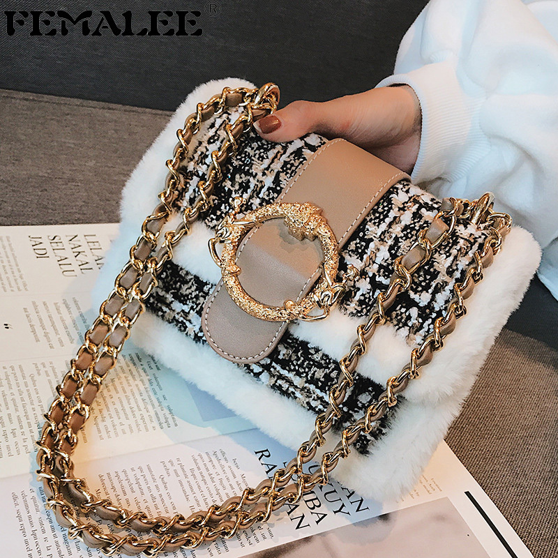 Luxury Fur Bordered Crossbody Lady Winter Plaid Tweed Chain Handbag Designer Lock Plush Shoulder Bag For Women Clutch Purse Q1208
Luxury Fur Bordered Crossbody Lady Winter Plaid Tweed Chain Handbag Designer Lock Plush Shoulder Bag For Women Clutch Purse Q1208
