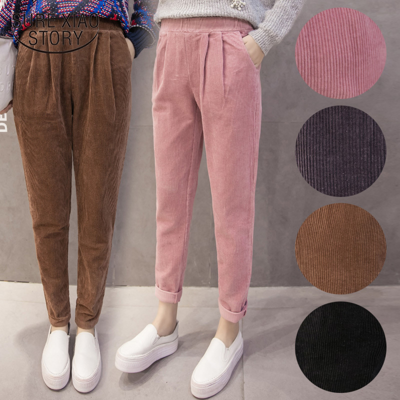 Casual Black Pink Trousers Plus Size Pants Women Corduroy Autumn Winter Korean Elastic Waist Harem 7287 50 210506