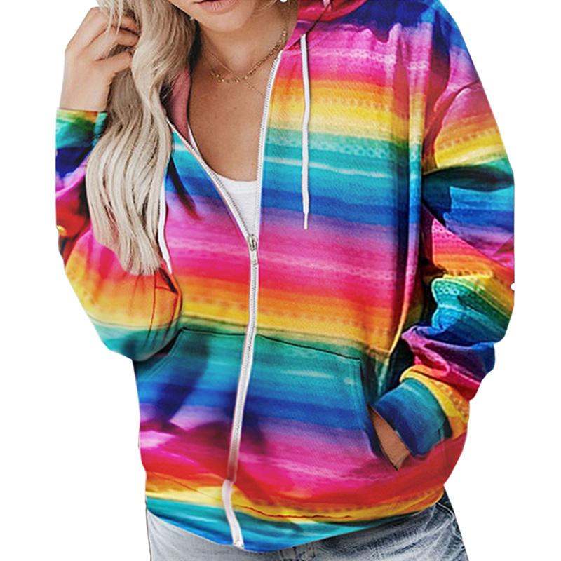 2020 Autumn Winter Women Rainbow Striped Print Long Sleeve Hoodies Sweatshirts Casual Zipper Jacket Female Pocket Hooded Tops, Multi
2020 Autumn Winter Women Rainbow Striped Print Long Sleeve Hoodies Sweatshirts Casual Zipper Jacket Female Pocket Hooded Tops, Multi
