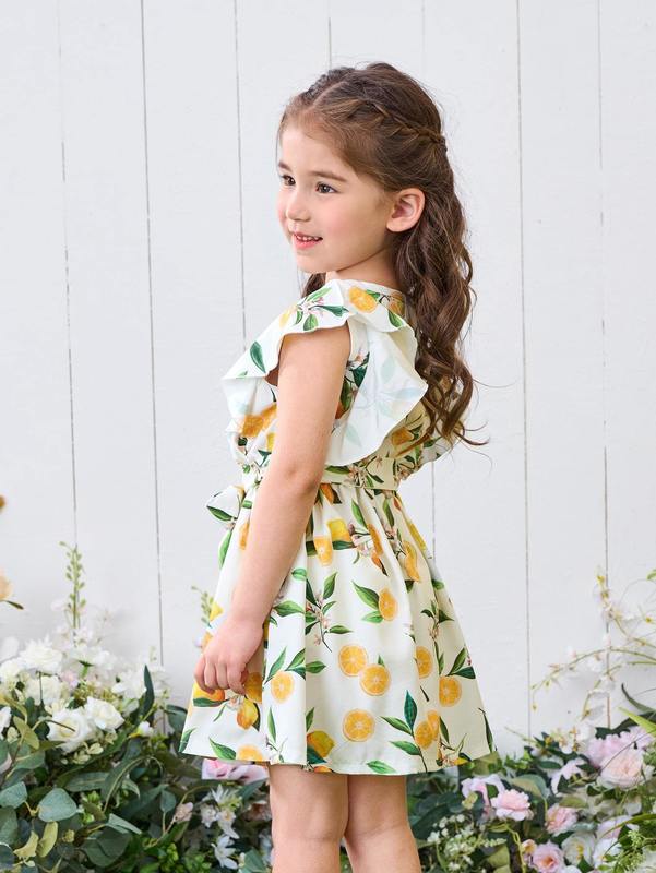 Toddler Girls Lemon & Floral Print Ruffle Trim Belted Dress SHE