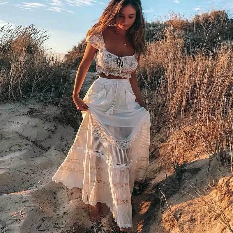 

Boho Inspired Women's White Maxi Skirt patch pockets tassel tied skirts women corchet insert cotton casual chic long skirts Y200326, Cami top