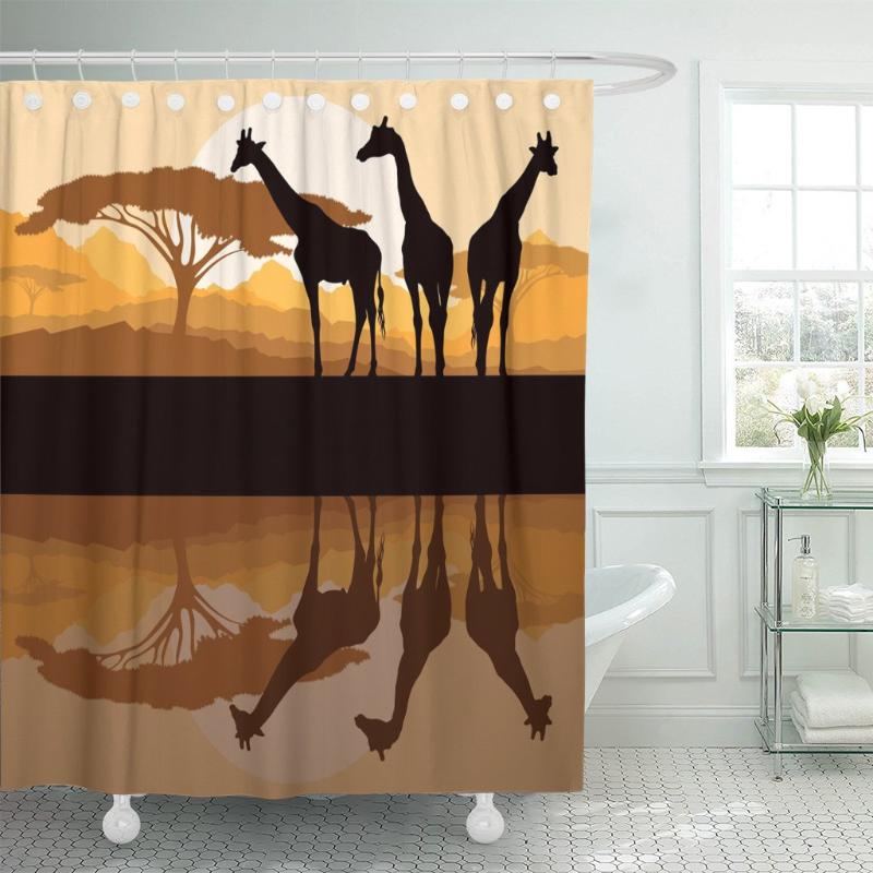 

Safari Giraffe Family Silhouettes in Africa Wild Nature Mountain Shower Curtain Waterproof Polyester Fabric 72 x 78 Inches Set