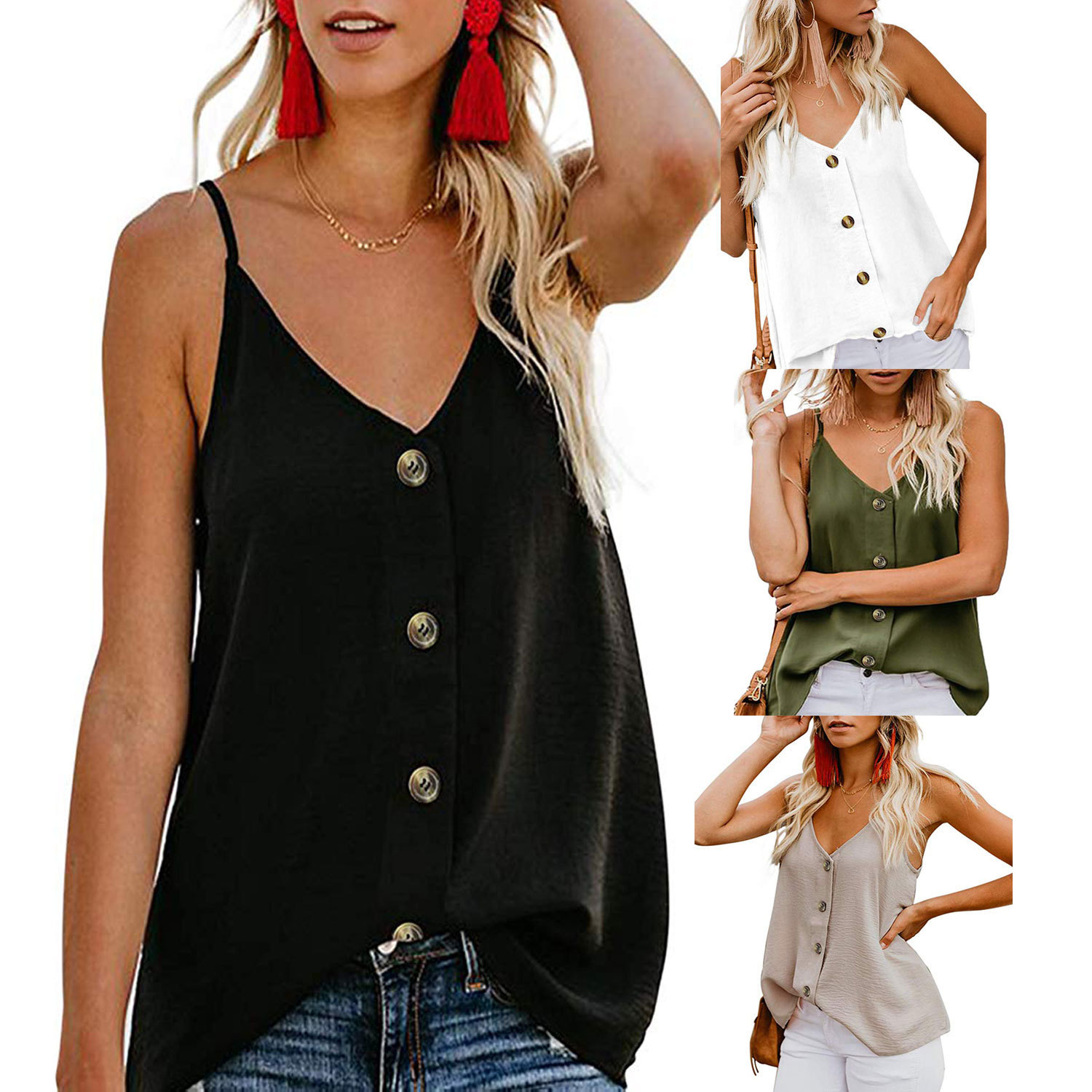 2021 New Summer solid color European top and American casual button v-neck female upper vest G8EV, Black
2021 New Summer solid color European top and American casual button v-neck female upper vest G8EV, Black