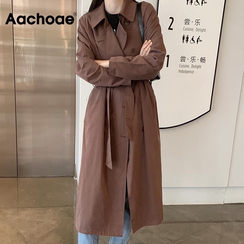 Aachoae Women Double Breasted Solid Long Trench Batwing Long Sleeve Straight Coat Bandage Elegant Windbreaker Korean Outwear 201111