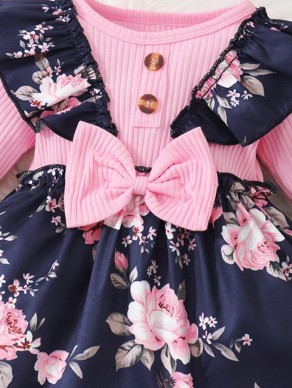 Baby 2 In 1 Floral Ruffle Trim Bow Front Dress & Headband SHE