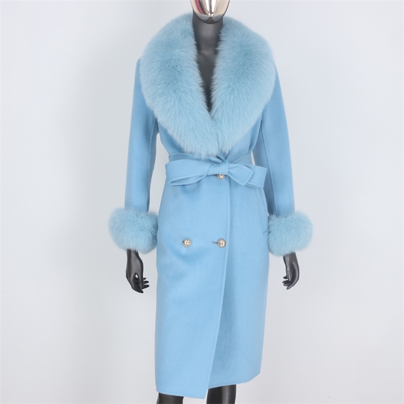 BLUENESSFAIR 2020 Cashmere Wool Blends Real Fur Coat Double Breasted Winter Jacket Women Big Natural Fox Fur Collar Outerwear LJ201202