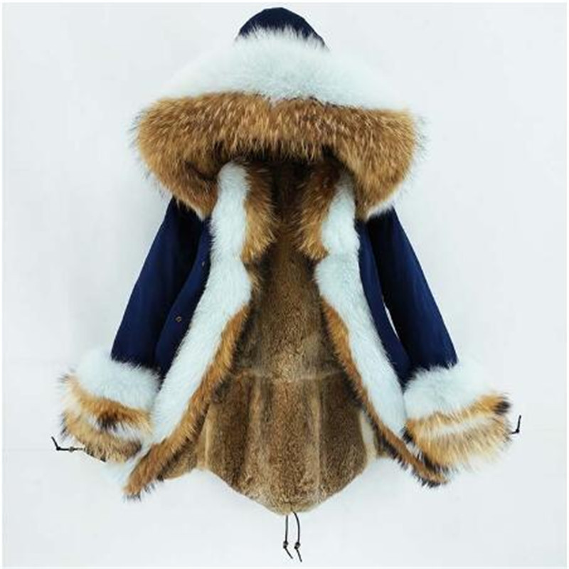New Women Real Coat Winter Jacket Rabbit liner Thick Warm Natural Raccoon Fox fur Collar Hood Cuffs Long Parka 201112