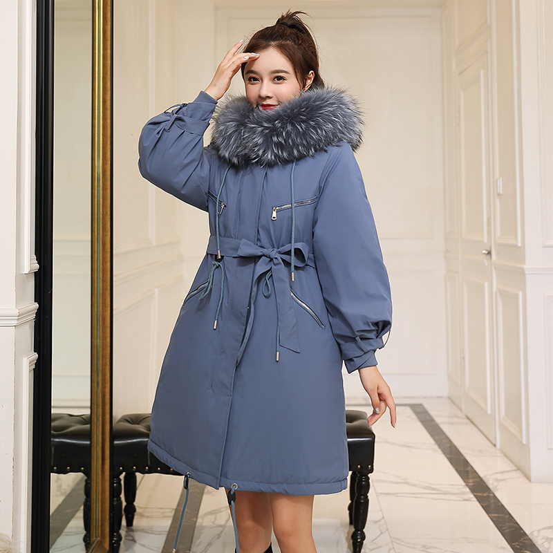 Korean Style Winter Long Jacket For Women Parkas Female Hooded Oversized Solid With Fur Collar Sashes Thick Coats Ladies 201031