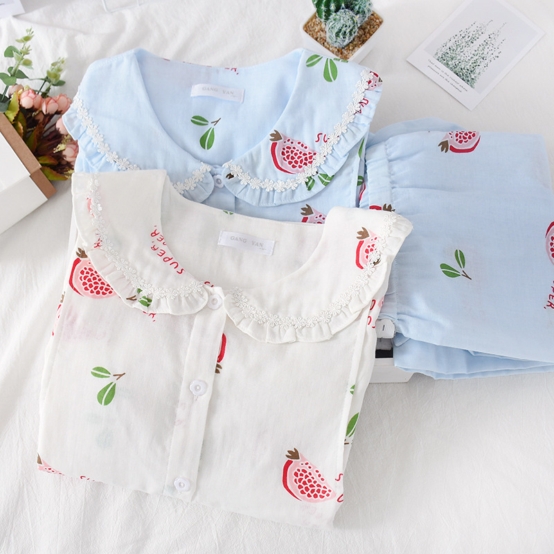Double Layer Gauze Doll Collar Pajamas Set Spring and Summer Models Pure Cotton Maternal Confinement Piyamas Women Twopiece T200429