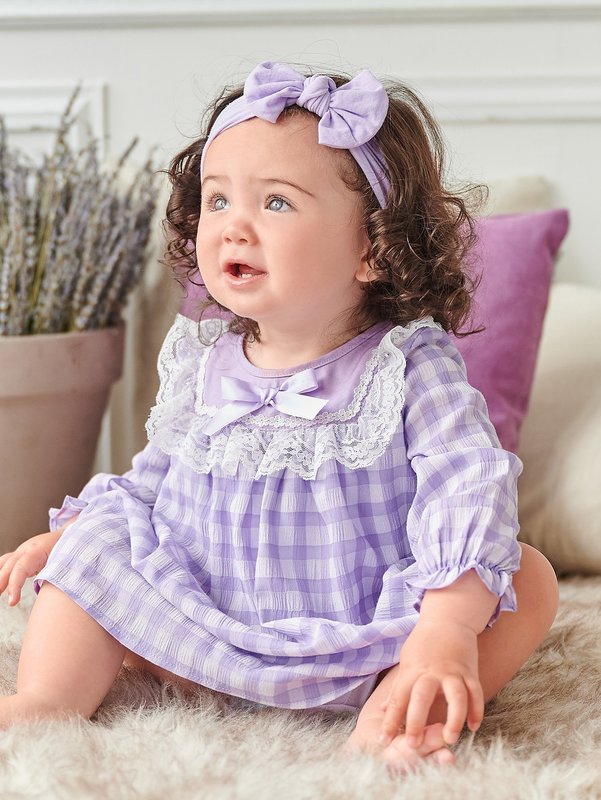 Baby Girl Gingham Contrast Lace Dress SHE