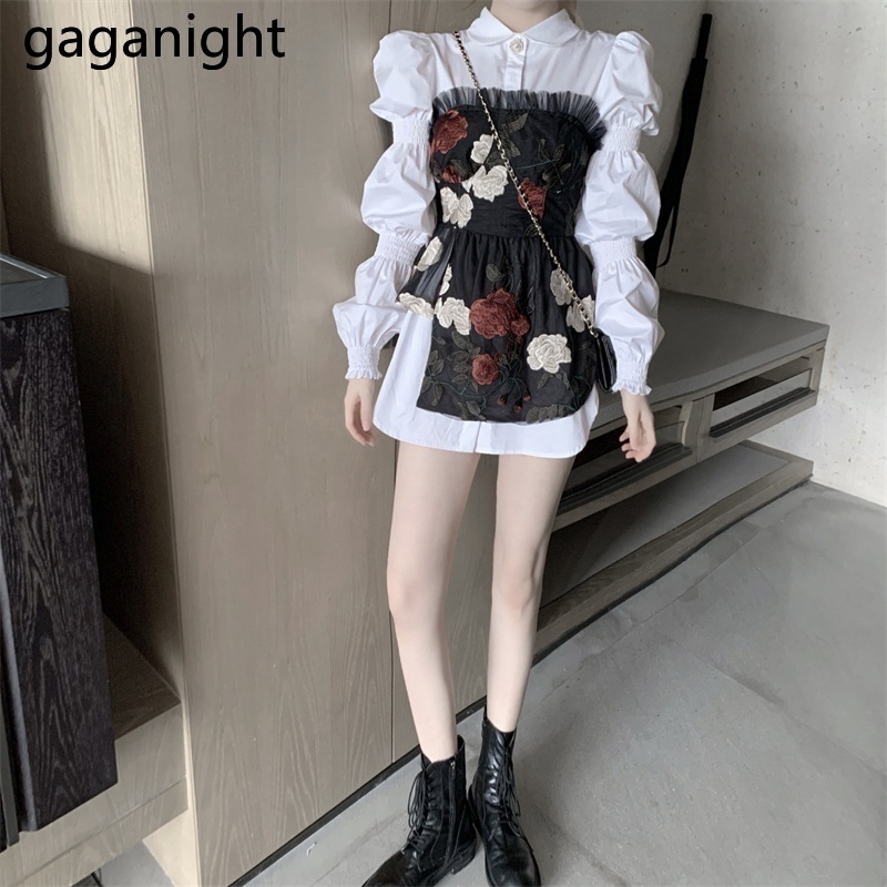 Gaganight Fashion Women Two Pieces Set White Long Sleeve Shirt Vintage Embroidery Flower Tube Suit 2Pieces Set Dropshipping 201119
