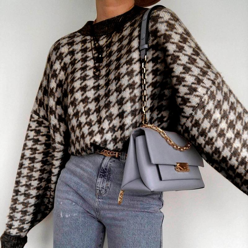 Women Geometric Khaki Knitted Sweater Women Casual Houndstooth Lady Pullover Sweater Female Autumn Winter Retro Jumper #T1G