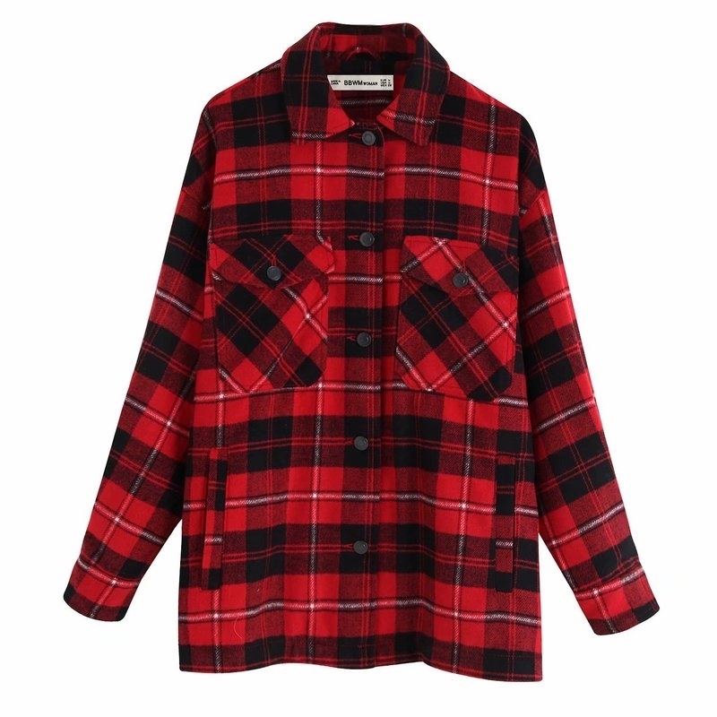 Vintage Stylish Pockets Oversized Plaid Jacket Coat Women Fashion Lapel Collar Long Sleeve L fashion shirt jacket 201112