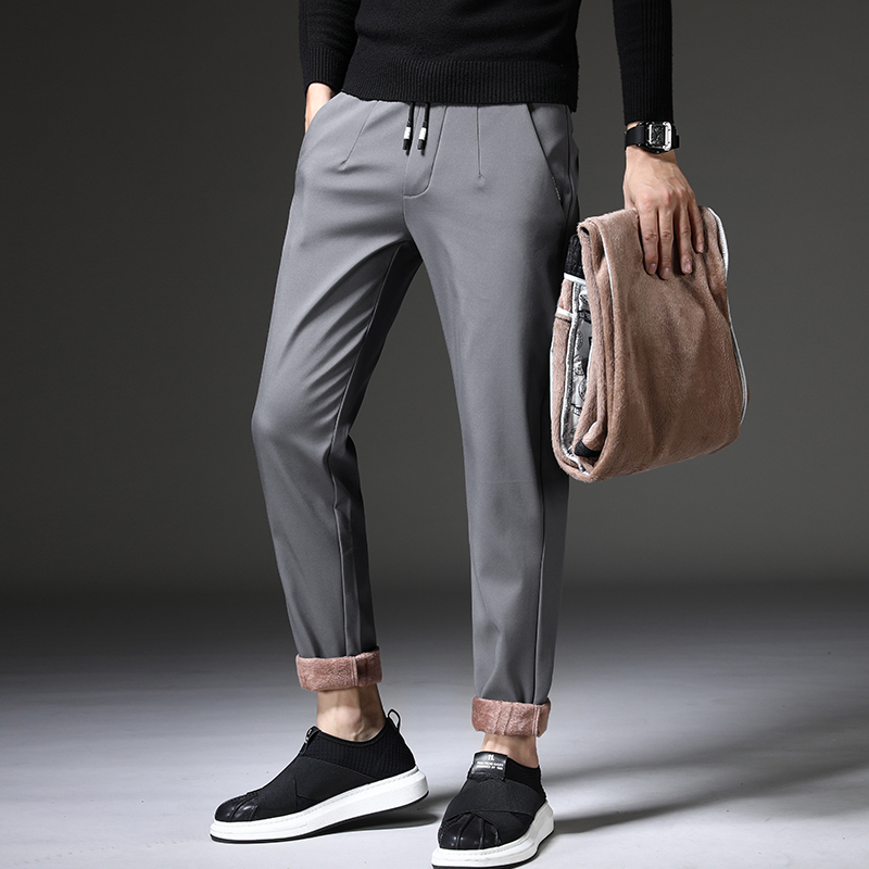 2020 New Mens Winter Fleece Warm Pants Men Korean Casual Slacks Slim Warm Thick Pants for men fashion Black Gray Trousers Male LJ201217