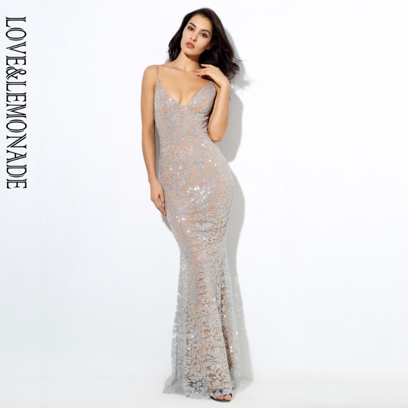LOVE&LEMONADE Silver Deep V Neck Open Back Flower Ribs Long Dresses LM80386