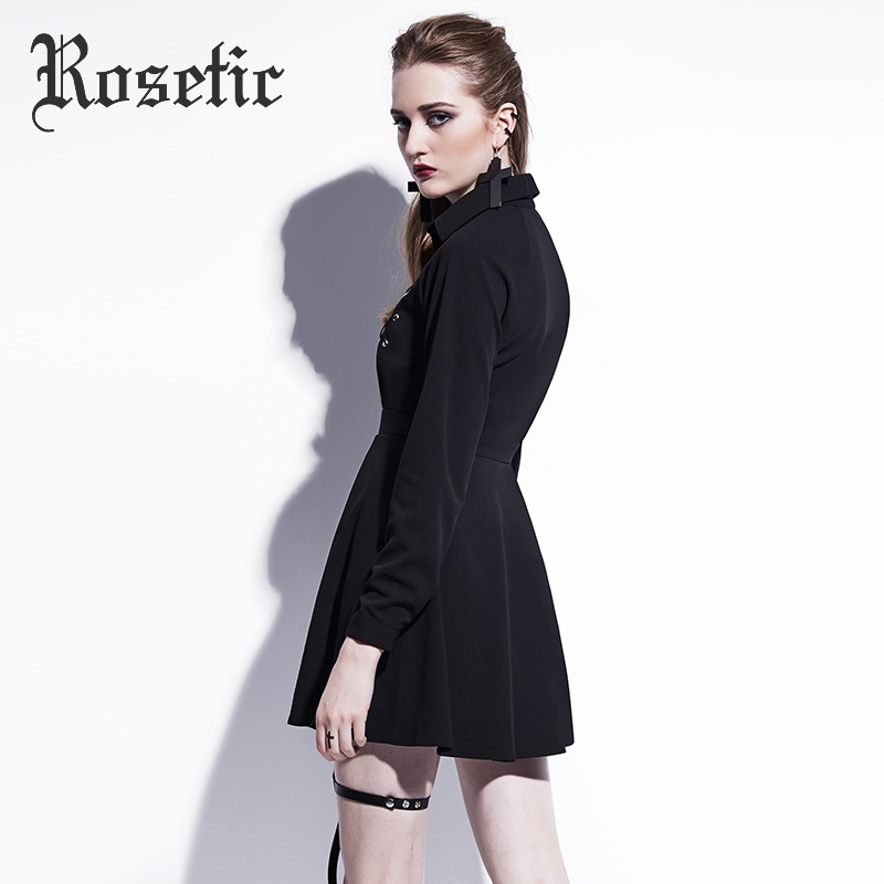 Rosetic Gothic Mini Dress Black Lace-Up Women Autumn Casual Dress A-Line Button Lapel Fashion High Street Preppy Sexy Goth Dress T200320