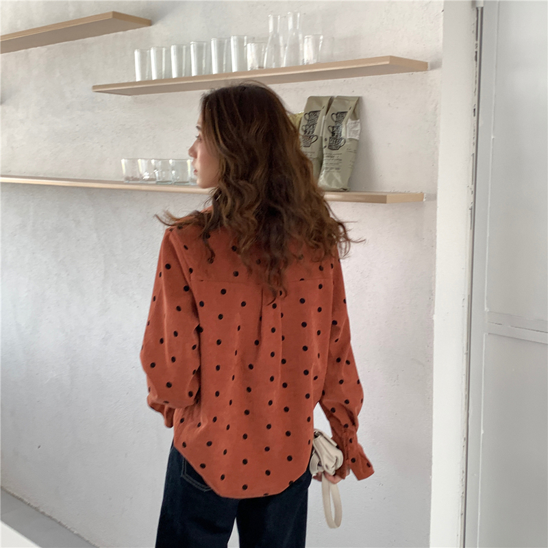 Korea Winter Jacket Women Autumn Lapel Loose SingleBreasted Corduroy Polka Dot Long Sleeve Shirt Female Blouse Coat 201017