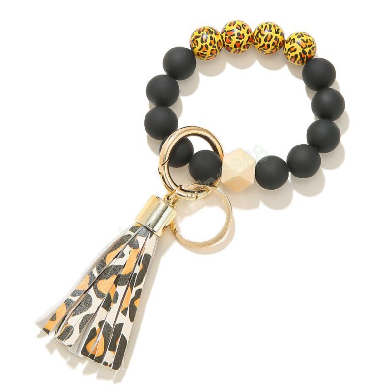 Leopard Frosted Wooden Bead Bracelet Strands Keychain Fashion Pattern Tassel Pendant Bracelets Women Girl Key ring Wrist Strap 7 Colors