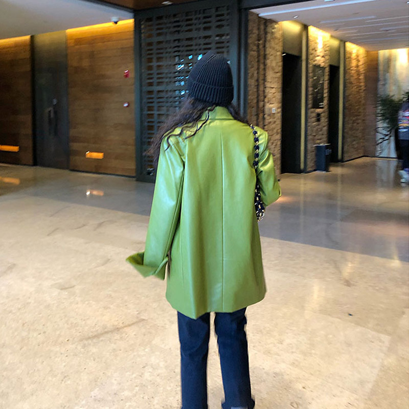 Korean Loose Fit Solid Color Pu Leather Jacket Lapel Long Sleeve Women Coat Fashion Spring leather coat PY137 201020