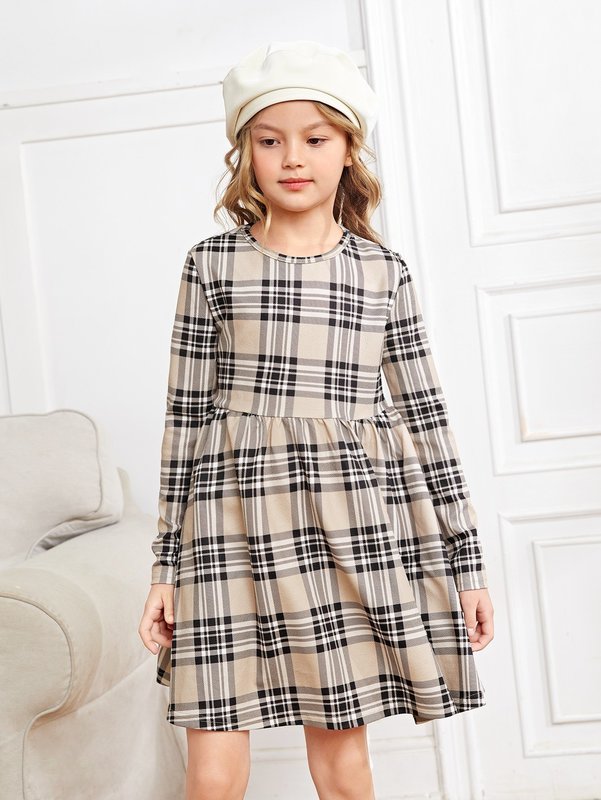 Girls Plaid Print Smock Dress SHE