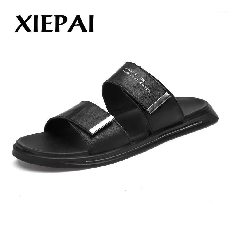 Genuine Leather Shoes Men Sandals 2019 Summer Beach Sandals Male Shoes Fashion Cow Leather Man Black White1, White
