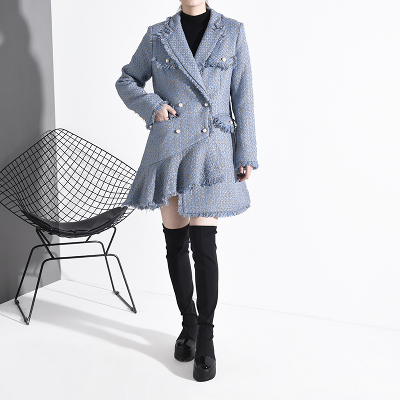 [EWQ] Korea Fashion Trends Slim Women Woolen Coat 2020 Spring Autumn New Sweet Full Sleeve Double Breasted Tweed Coats LJ201128