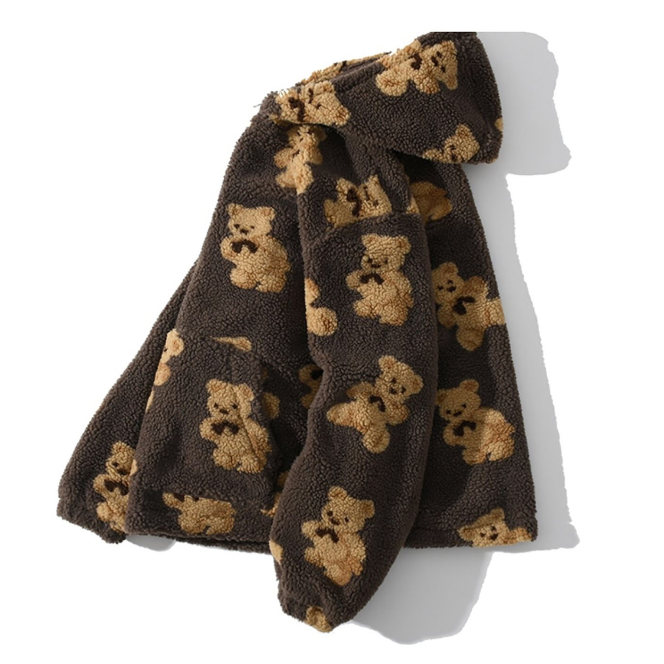 Hip Hop Autumn Winter Lambswool Jacket Men Streetwear Bear Print Zipper Cardigan Coats Harajuku Loose Hooded Couple Coat Outwear 201218