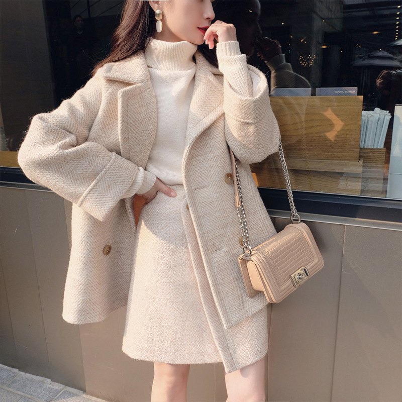 Bella Philosophy Autumn Winter Women Woolen Suit Office Lady Double Breasted Blazer Female Elegant Two Piece Set 201103