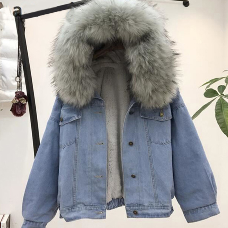 Women's Denim Jacket With Fur Winter Jeans Hooded Velvet Coat Female Faux Fur Collar Padded Warm Jackets Women Drop 201112