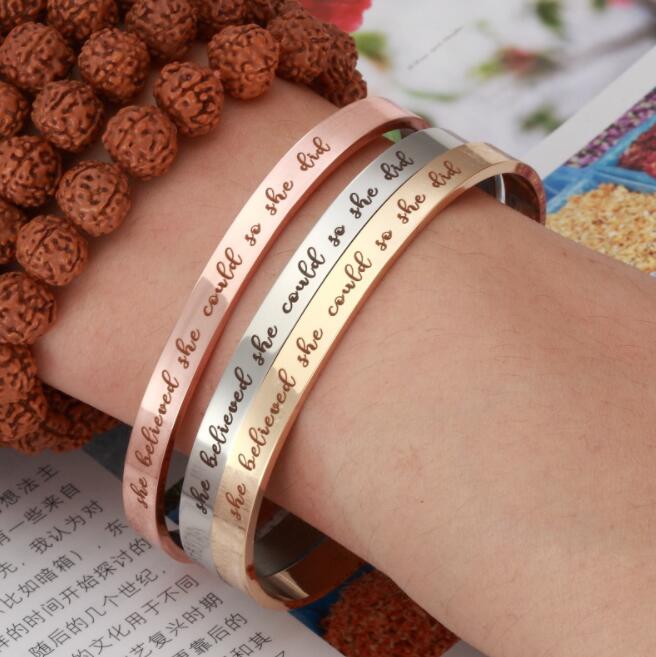 Stainless Steel Inspirational Cuff Bangle She believed she could so she did Personalized Letter Word bracelets for women men Lovers Fashion Jewelry Wh