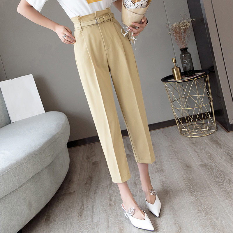REALEFT New OL Style White Women's Formal Pants Casual Chic Pencil Pants with Belt High Waist Elegant Work Trousers Female 201111
