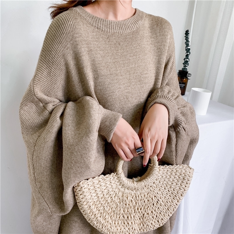 LANMREM autumn New Fashion Solid Color Round Neck Pullover Bat Sleeve Large Size Long Knit Sweater Women PB615 201030wtt