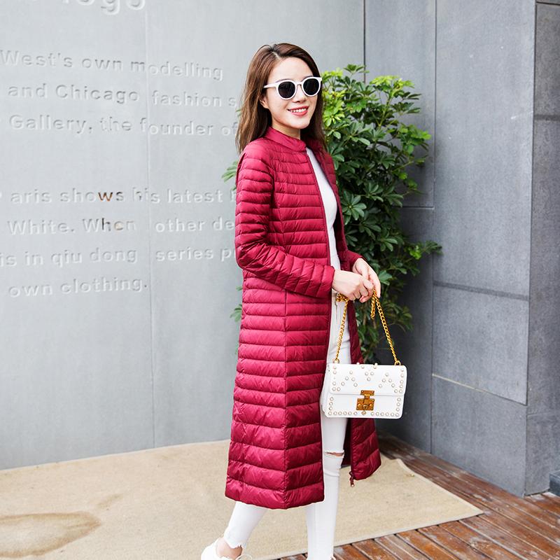 Woman's Ultra Light Down Jackets Stand Collar Slim Knee Length 90% White Duck Down Coats Women Parkas Lady Overcoats JK-7911