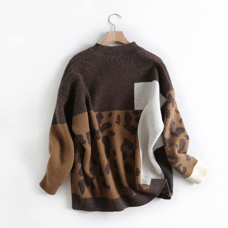 HSA Spring Women Vintage Leopard Pullover and Sweaters Patchwork Brown Knit Jumpers Loose Styler Korean Slim Pull Jumpers 201030