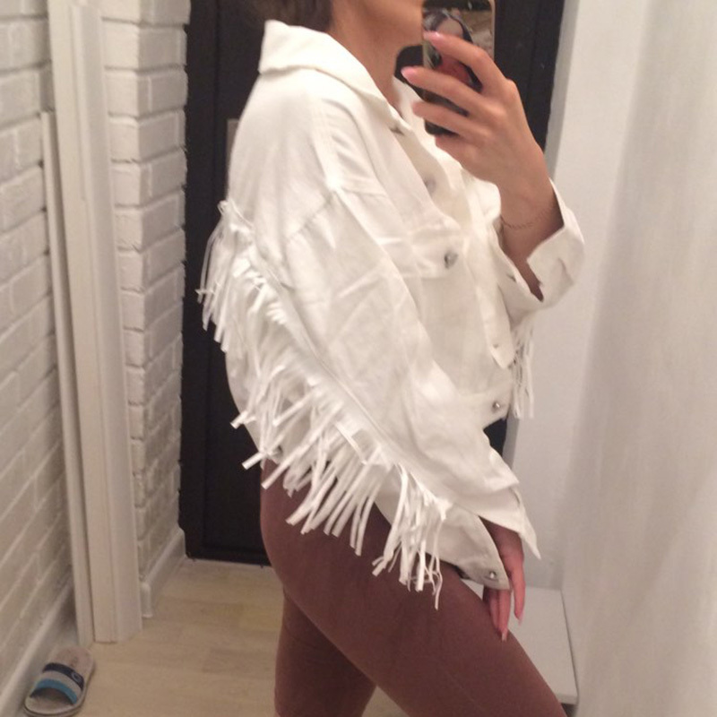 Women Denim Tassel Jackets Short Fashion Tops Female Casual Long Sleeve Button Outwear Coats White Top Jean Jacket Woman Bomber 201106