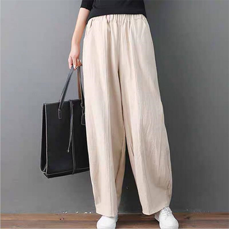 Large Size 6XL 7XL Women Summer Casual Loose Long Pants Autumn High Elastic Waist Cotton Linen Wide Leg Pants Lantern Trousers T200727