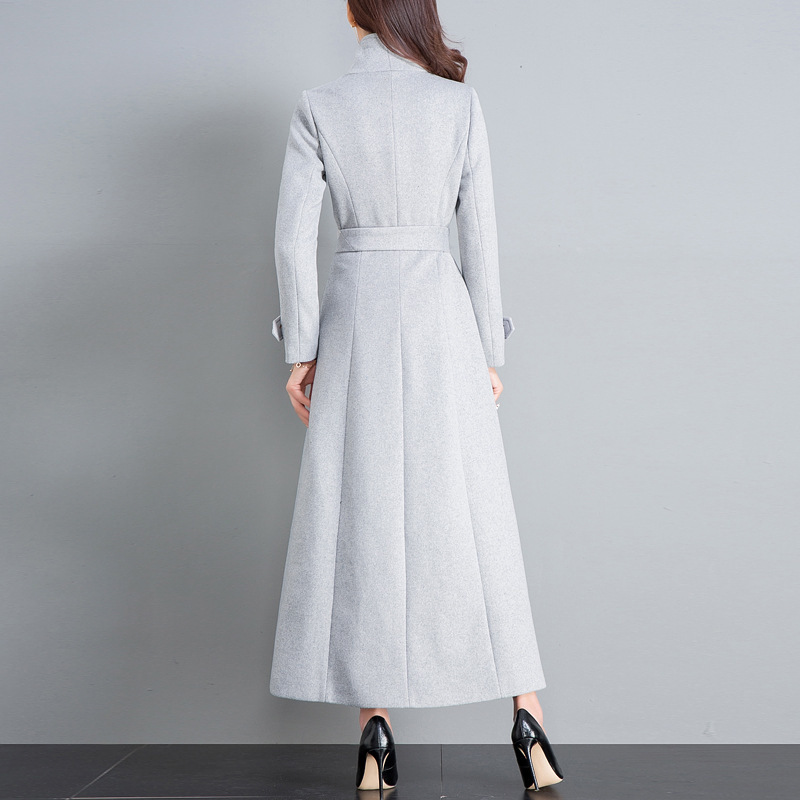 Women Winter Coats Autumn and Winter New Classic Gray Lace Large Size Wool Coat Slim Thin Thick Long Wool Coat Female 201216