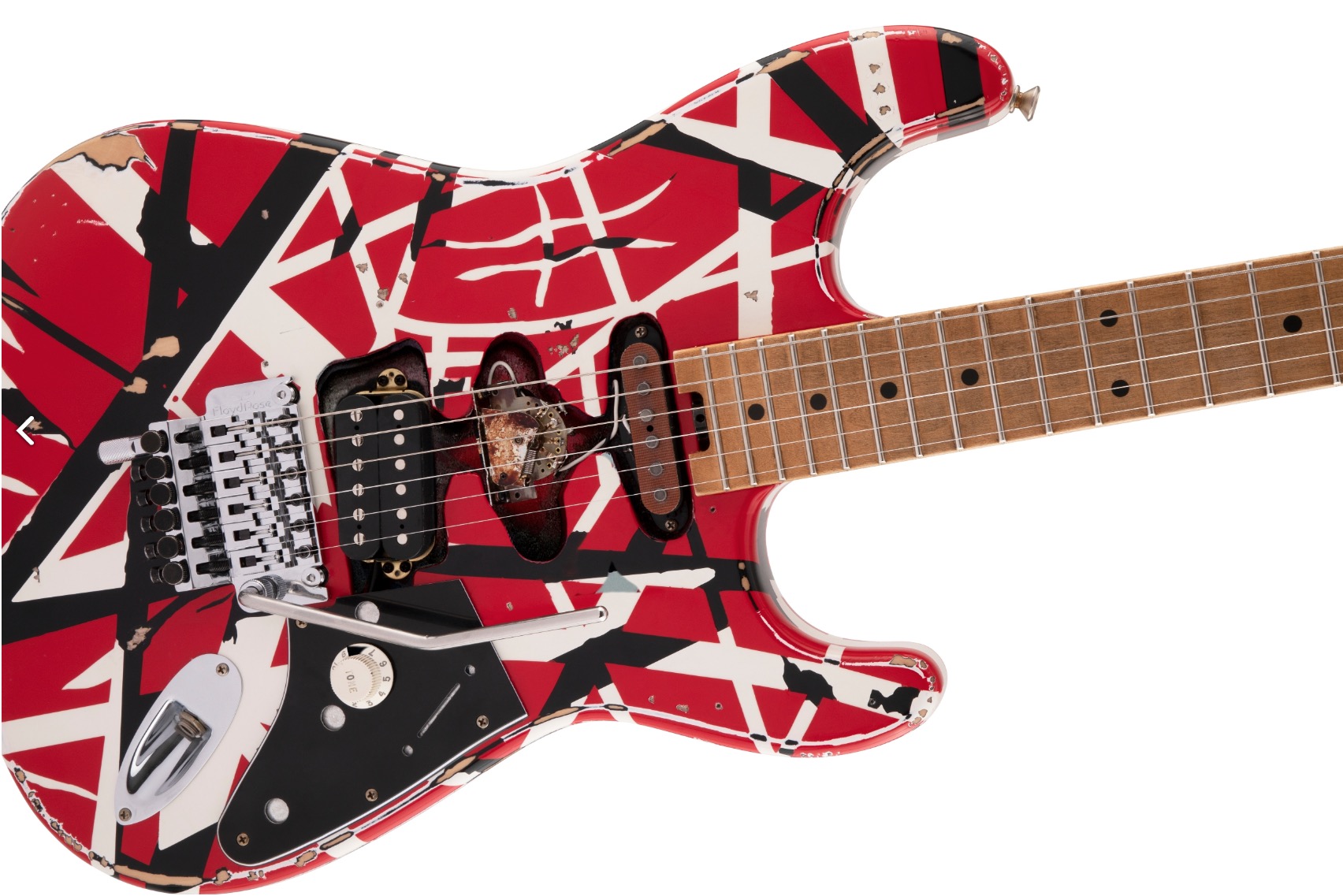 Heavy Relic Eddie Edward Van Halen Stein White Black Stripe Red ST Electric Guitar Floyd Rose Tremolo & Locking Nut, Little Black Pickguard
Heavy Relic Eddie Edward Van Halen Stein White Black Stripe Red ST Electric Guitar Floyd Rose Tremolo & Locking Nut, Little Black Pickguard