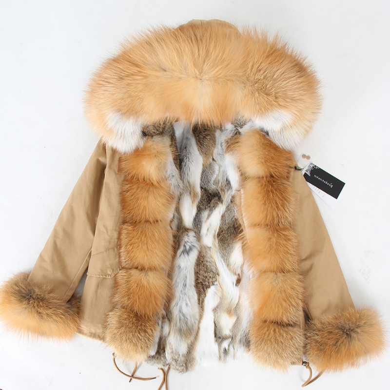 Maomaokong Women Short Parka Winter Long Jacket Parkas Real Fur Coat Natural Fur Hood Real Rabbit Fur Liner Outerwear 201103