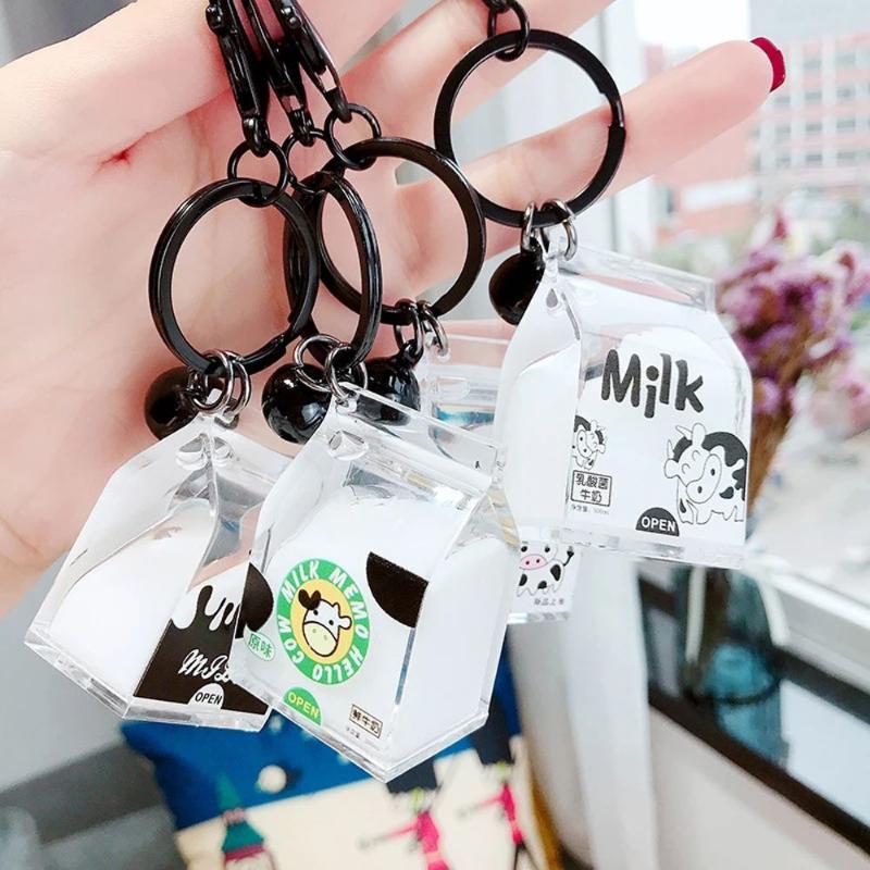 

Keychains Pendant Bag Charm Car Keyring Dairy Cow Keychain Milk Drinks Moving Liquid Bottle Acrylic