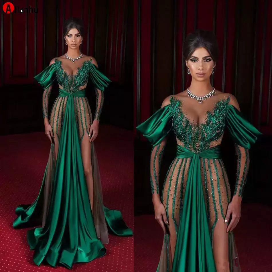 NEW! Dark Green Evening Dresses Sheer Jewel Neck High Side Split Long Sleeve Mermaid Prom Dress Satin Saudi Arabia Celebrity Red Carpet Gowns, Khaki
NEW! Dark Green Evening Dresses Sheer Jewel Neck High Side Split Long Sleeve Mermaid Prom Dress Satin Saudi Arabia Celebrity Red Carpet Gowns, Khaki