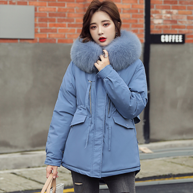 New Winter Women Parkas Thick Warm Down Cotton Jacket Coats Big fur collar Zipper Padded parka Pocket Stand collar Shiny coat 201019