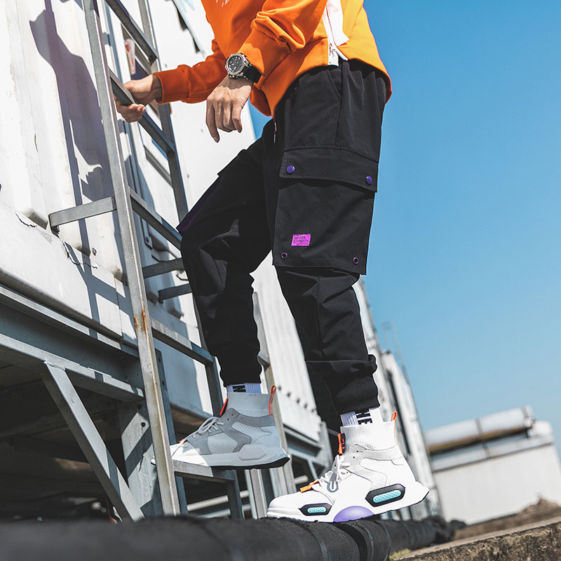 Autumn Multi Pockets Cargo Pants Men Drawstring Waist Purple Joggers Trousers Black Streetwear Sweat Pants LJ201217